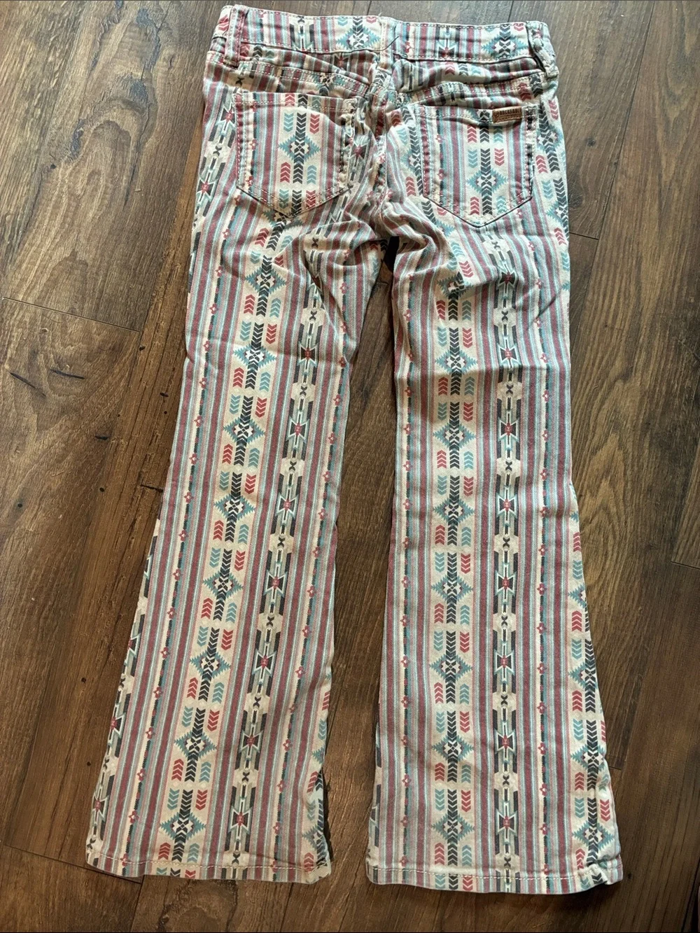 Girl’s Rock & Roll Denim Aztec Print Flared Pants in Cream, Coral & Teal